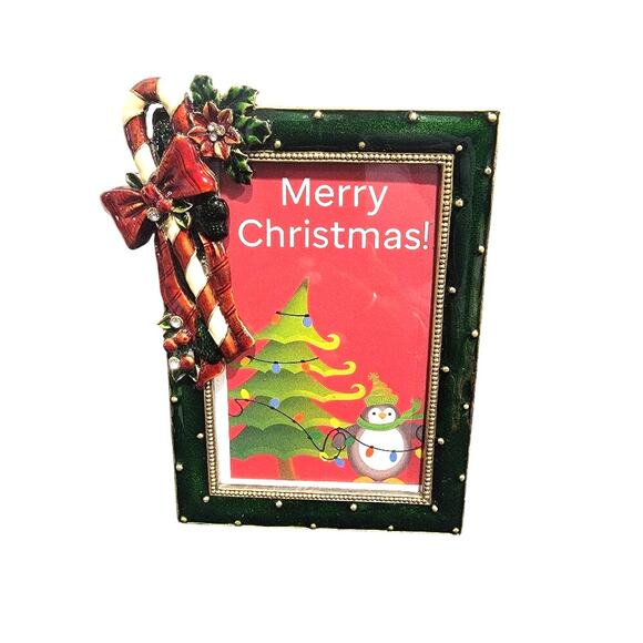 Whimsical Christmas Candy Cane Enamel Picture Frame 5x7 - Picture 1 of 8